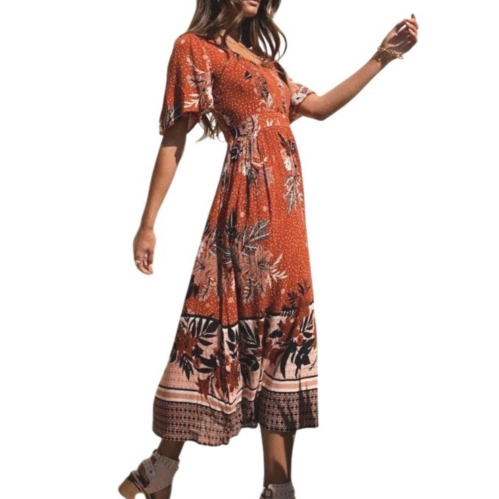Bohme Floral Polka Dot Maxi Dress‎ L Rust Orange Smocked Boho Country Cowgirl